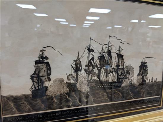 A 19th century reverse painted glass silhouette, The Brave Capt Tyrrill in the Buckingham of 66 guns and 472 men defeating the Florissa